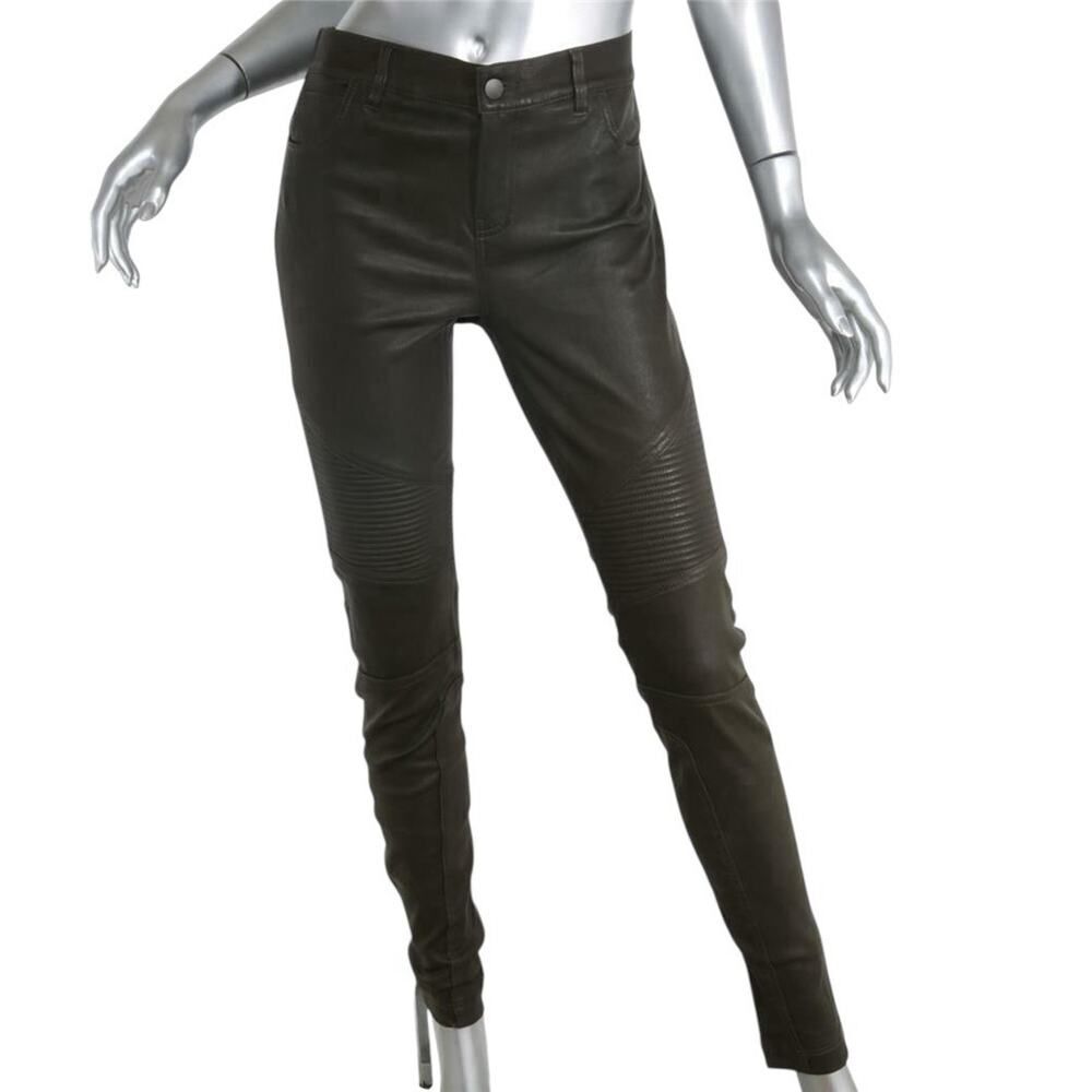 VINCE Olive Green Leather Moto Leggings Pants XS Quilted Knee Stretch Skinny